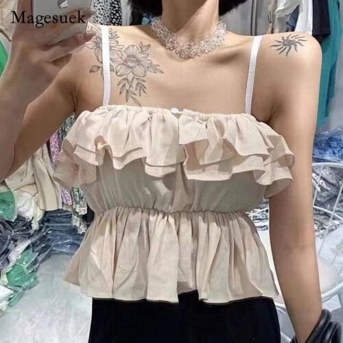 2021 New Sexy Summer Sleeveless Women Tops Sweet Ruffled Solid Cotton Shirt for Women Casual Sweet Green Short Tops Blusa 15588
