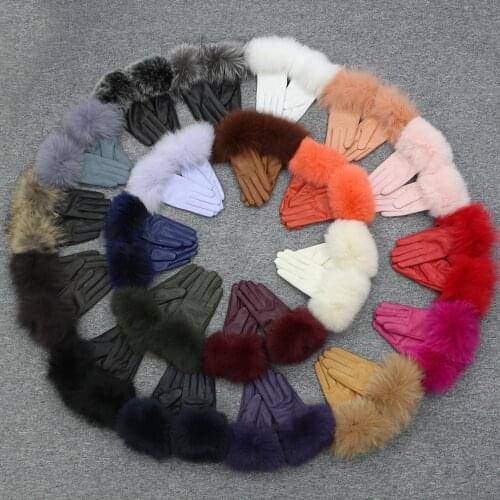 Real Sheepskin Fox Fur Gloves Natural Fluffy Fox Fur Women Thick Winter Warm Glove Fashion Style