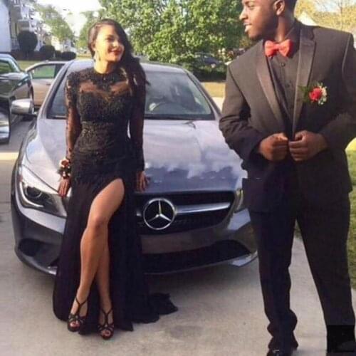 Custom Long Sleeves Split Lace Mermaid Evening Dresses 2020 with Beaded Appliques Sweep Train Formal Prom Party Gowns