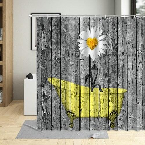 Sunflower Wood Grain Shower Curtain Creative Yellow Floral Plant Daisy Bathtub Curtains Waterproof Fabric Home Decor With Hooks