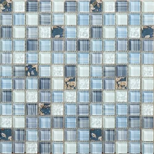 Light Grey Crystal Glass Resin shell Mosaic Tile, Mediterranean Blue White Kitchen Backsplash/Bathroom/Hallway wall tiles