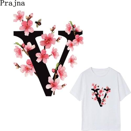 Prajna Letter Flowers Iron On Transfer For T-Shirt Fabric Applique Heat Transfers Vinyl Grade-A Thermal Sticker Sweater Decor E
