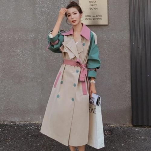 2021 Spring Autumn Long-Sleeve Turndown Collar Double Breasted Patchwork Loose Mid Long Windbreaker Overcoat With Belt Outerwear