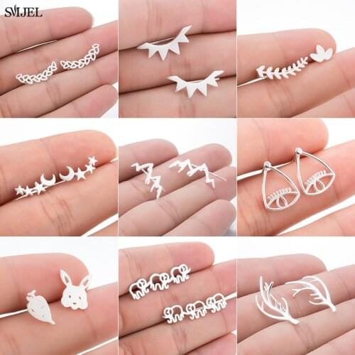 Vintage Bohemian Leaves Earrings Ear Climber Tiny Star Moon Stud Earrings For Women Summer Mountain Eye Jewelry Ear Cuff Gifts