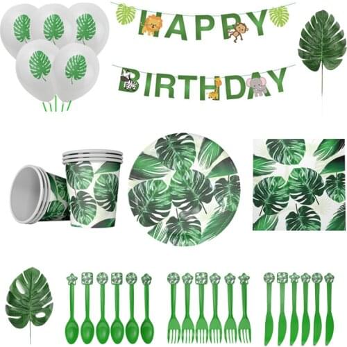Green Monstera Leaf Disposable Paper Plates Cups Napkins Party Tableware Set Hawaiian Tropical Party Supplies Decor Jungle