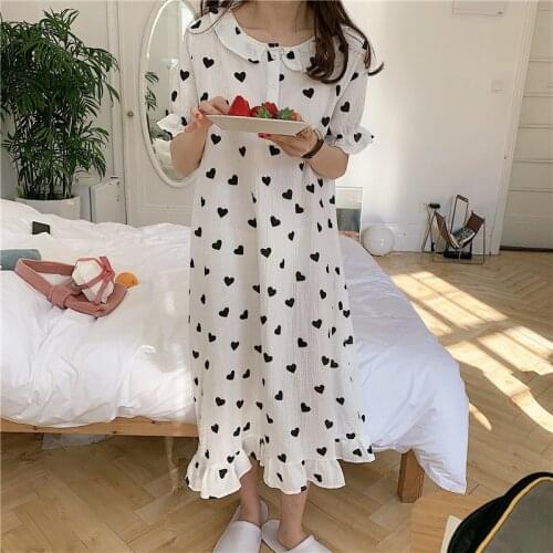 Sweet heart cute women nightgowns short sleeve summer homewear dress ruffles peter pan collat nightdress cotton sleepdress Y410