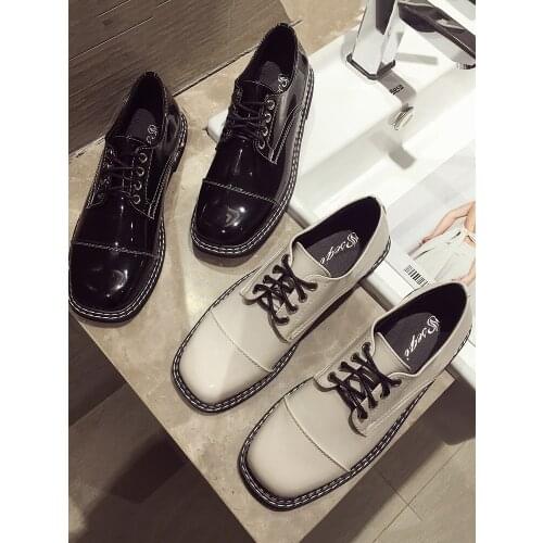 Womens shoes leather shoes 2019 new autumn shoes retro lace square shoes