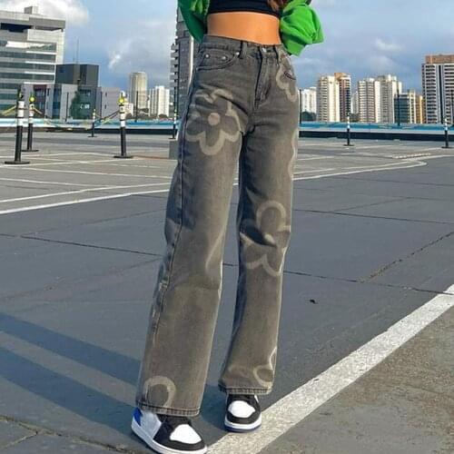 2021 Y2K Fashion Clothes Cartoon Pattern Printed Jeans Womens Casual Loose Denim Trousers Ladies Blue Straight Trousers New