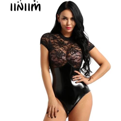 Womens Female Wetlook Clubwear Faux Leather Lingerie Top Lace Splice High Cut Back Zipper Teddy Bodysuit Leotard Bodystocking