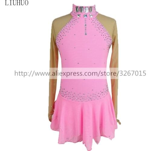 Figure Skating Dress Womens Girls' Ice Skating Dress Competitive performance clothing Pink Stand collar long sleeve lovely