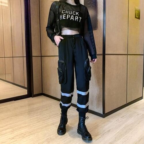 Zoki Women Cargo Pants Top Two Piece Set Casual Thin Crop Top Trousers Reflective High Waist Harem Pants Korean Fashion New 2021