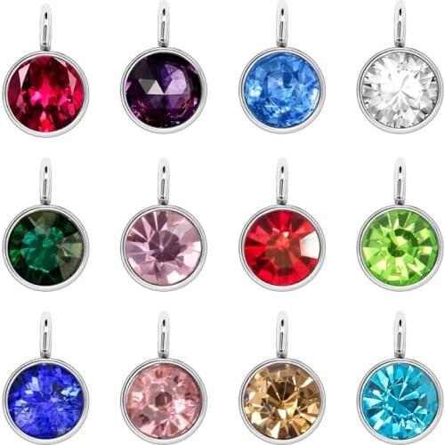12pcs/lot alloy 12 month birthstone crystal dangle charms round pendant charms for women necklace bracelet diy jewelry