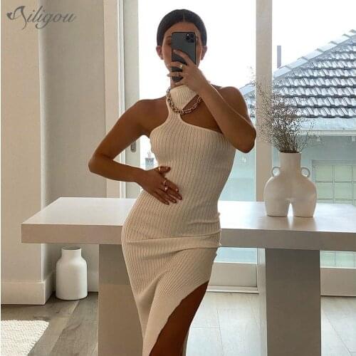 Ailigou Sexy Strapless Ribbed Dress WomenS Backless Hollow One-Shoulder Tight-Fitting Mid-Length Celebrity Party Dress Vestidos