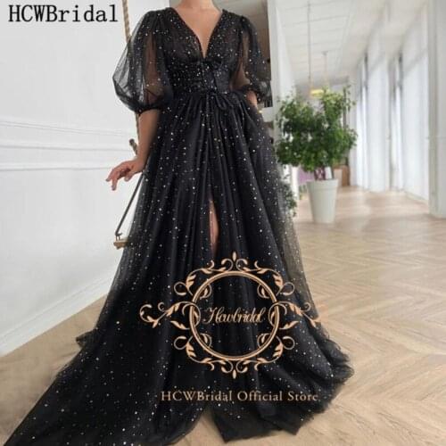 Bling Gold Star Black Evening Dress With Half Sleeve V Neck High Slit Sexy Formal Dresses Plus Size Women Prom Party Gowns Cheap