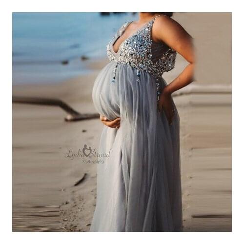 Sparkling Beaded Maternity Dresses V Neck Sleeveless A Line Tulle Bridal Pregnancy Photo Shoot Dress Sequins Plus Size Custom Ma