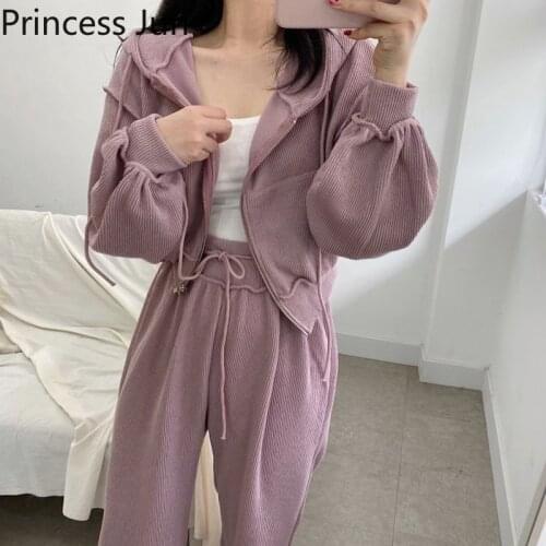 Women Fashion Blue Pink 2 Piece Sets Tracksuits Candy Color Short Hooded Sweatshirts&Wide Leg Pants Casual Two Piece Sports Suit