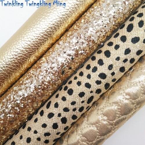Gold Glitter leather, Hearts Embossed Synthetic Leather Faux Fabric Sheet For Bow 21x29CM Twinkling Ming KM371