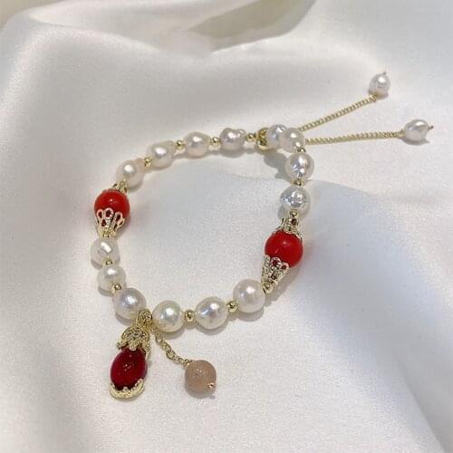 MENGJIQIAO 2021 Korean Baroque Freshwater Pearl Bracelet For Women Lady Fashion Red Crystal Bangles Wedding Jewelry Gifts