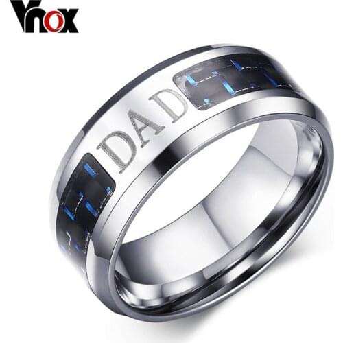 Vnox Trendy Men Ring with Blue Carbon Fiber 8MM Stainless Steel Family Love for Dad Ring Fathers Day Jewelry Gift