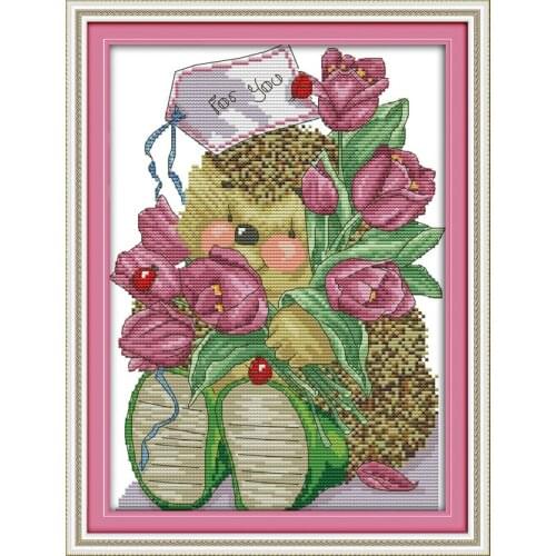 Tulips and a little hedgehog cross stitch kit 14ct 11ct count print canvas stitching embroidery DIY handmade needlework