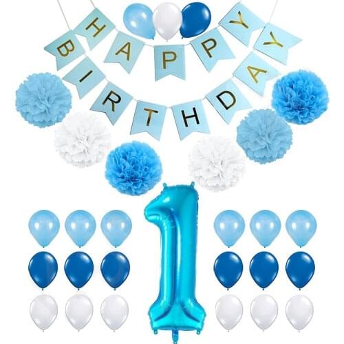 1st Birthday Boy Decorations Kit Number One Balloon Blue Happy Birthday Banner Blue, Light Blue and White Pink Pom Poms Balloon
