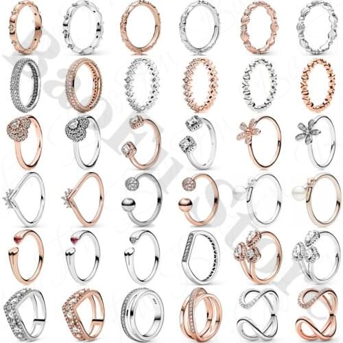 Genuine 925 Sterling Silver Ring Shiny 8-Shaped Interconnection Love Bright Blue Bow LOVE Ring Suitable Original Female Jewelry