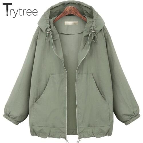 Trytree Autumn Winter Women Coat Casual Hooded Drawstring Zipper Pockets Solid 2 Colour Fashion Loose All-Purpose Style Coat