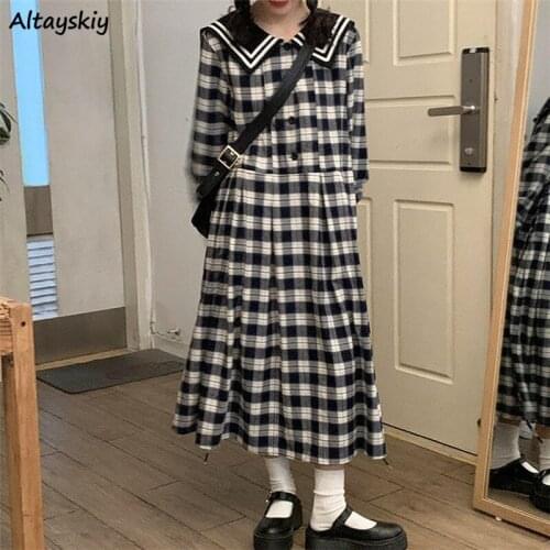 Dress Women Sailor Collar Preppy Loose Spring Japanese Style Fashion Teens Kawaii Ladies Sweet Harajuku Soft Button Vintage