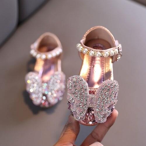 Pink Silver Girls Shoes Rhinestone Butterfly Kids Princess Shoes for Wedding Party Girls Dance Performance Shoes Crystal Sandals