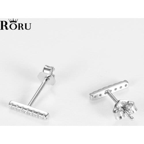 S925 Sterling Silver Simple Strip Full Zircon Stud Earrings 8.7mmx1.5mm Geometric Ear Rings for Women Girls Daily Jewelry Gifts