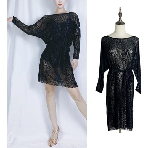 Sexy Backless Latin Dance Dress Women Balck Mesh See-Through Dance Clothes Samba Rumba Salsa Practice Wear Black Dress DNV14440
