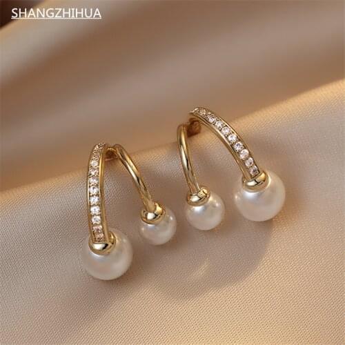 SHNAGZHIHUA 2021 New Classic Fashion Simple Wind Arc Pearl Earrings For Womens Luxury Zircon Unusual Jewelry Gift Accessories