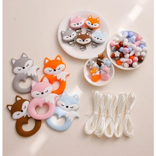 Silicone Beads Baby Teether Necklace Toy BPA Free Fox Teether Animal Beads DIY Accessories Set Pacifier Chain Clips Nylon Rope