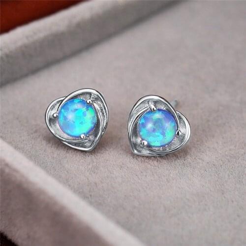 Blue/White Round Opal Stone Heart Stud Earrings For Women White Gold/Rose Gold Wedding Earring Female Luxury Birthstone Jewelry