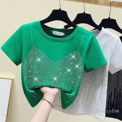 Heavy Embroidery Hot Drilling Green T-shirt Summer Womens Short Sleeve All-Match Tops Cotton Tee Short Design Femme