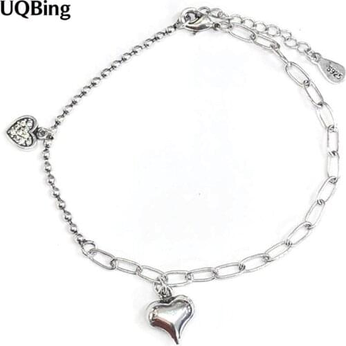 Vintage Sterling Silver 925 Double Heart Women Charm Bracelet For Women Jewelry Gifts