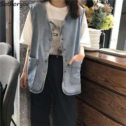 Vintage Denim Vests Women Fashion Plus Size S-5XL Sleeveless Outerwear Autumn Female Chic V-neck Simple Pockets Blue Waistcoats