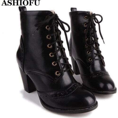 ASHIOFU Handmade 2020 New Ladies Block Heels Boots Shoelace Meiniya-style Party Ankle Booties Large Size Winter Evening Boots