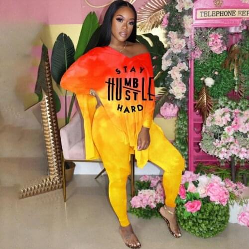3XL 4XL Plus Size Two Piece Sets Women Autumn New Loose Gradient Letter Print Lounge Set Split V Neck Tops Pants Matching Set