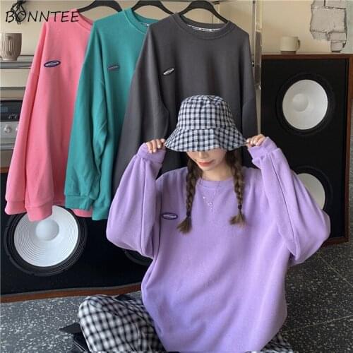 New Sweatshirts Women 4 Colors Solid Vintage Simple Harajuku Fashion Soft Spring Loose Hoodies Chic Classic All-match Minimalist