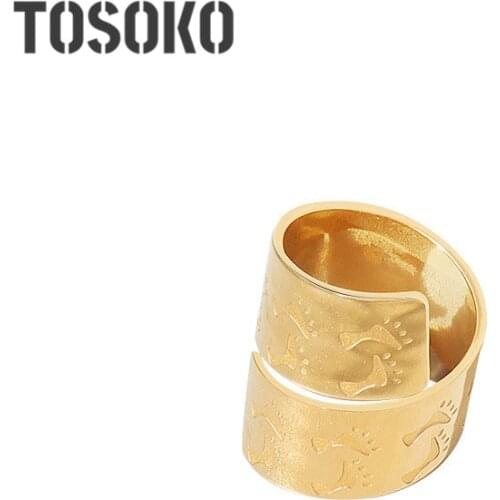 TOSOKO Stainless Steel Jewelry Misplaced Double-Layer Stone Print Spiral Ring For Womens Exaggerated Hip-Hop Cool Ring BSA140