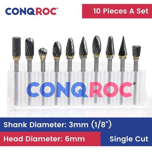 10 Pieces YG8 Carbide Rotary Burrs Kit Rotary Tool Single Thread Engraving Bits Milling Cutters 3mm 1/8" Shank for Dremel