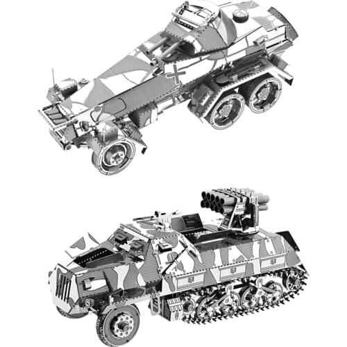 2pc set 3D Metal Puzzle 6-Wheeled heavy armored car SD.KFZ.231,Half track rocket launcher model DIY Jigsaw toys gift