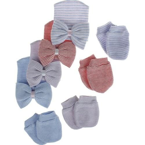 3pcs/Lot Emmababy Newborn Baby Girls Striped Headband Headwear Toddler Soft Beanie Hat Gloves Set with Bow