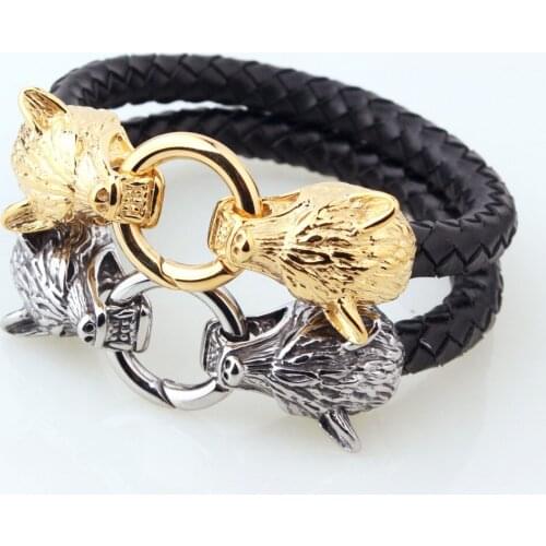 Silver Color/Gold Wolf Head Black Leather Weaving Chain Bracelet Stainless Steel Jewelry Mens Womens Bangle Wristband Jewelry