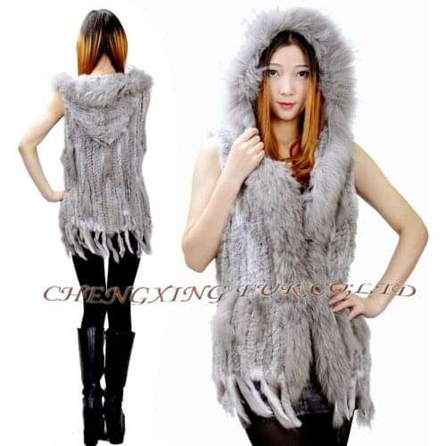 CX-G-B-97D Winter Women Knitted Rabbit Fur Vest Raccoon Fur Hoody Waistcoat