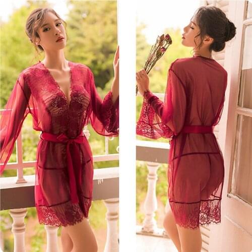 Robe womens Lace Sexy Bath Robe dressing gown Porno Women Clothes Bathrobe Bride Ladies Long Gowns See Though Underwea0r Women