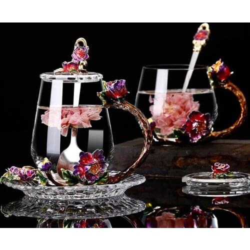 Red Flower Enamel glass coffee mugs tea mugs Handmade heat resistant glasses water Cup drinkware lover gift Afternoon teacup