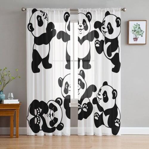 Cartoon Panda Black And White Tulle Window Treatment Sheer Curtains for Kitchen Living Room the Bedroom Curtains Decoration