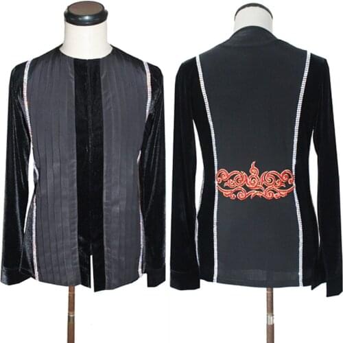 New Style Mens Latin Dance Tops Rhinestone Competition Clothes Adult Black Long Sleeve Cha Cha Rumba Performance Shirt VDB3764